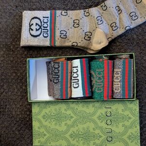 Gucci Metallic Logo Knit Socks and Ribbon Set in Beige, Green, Red, Silver, Gold